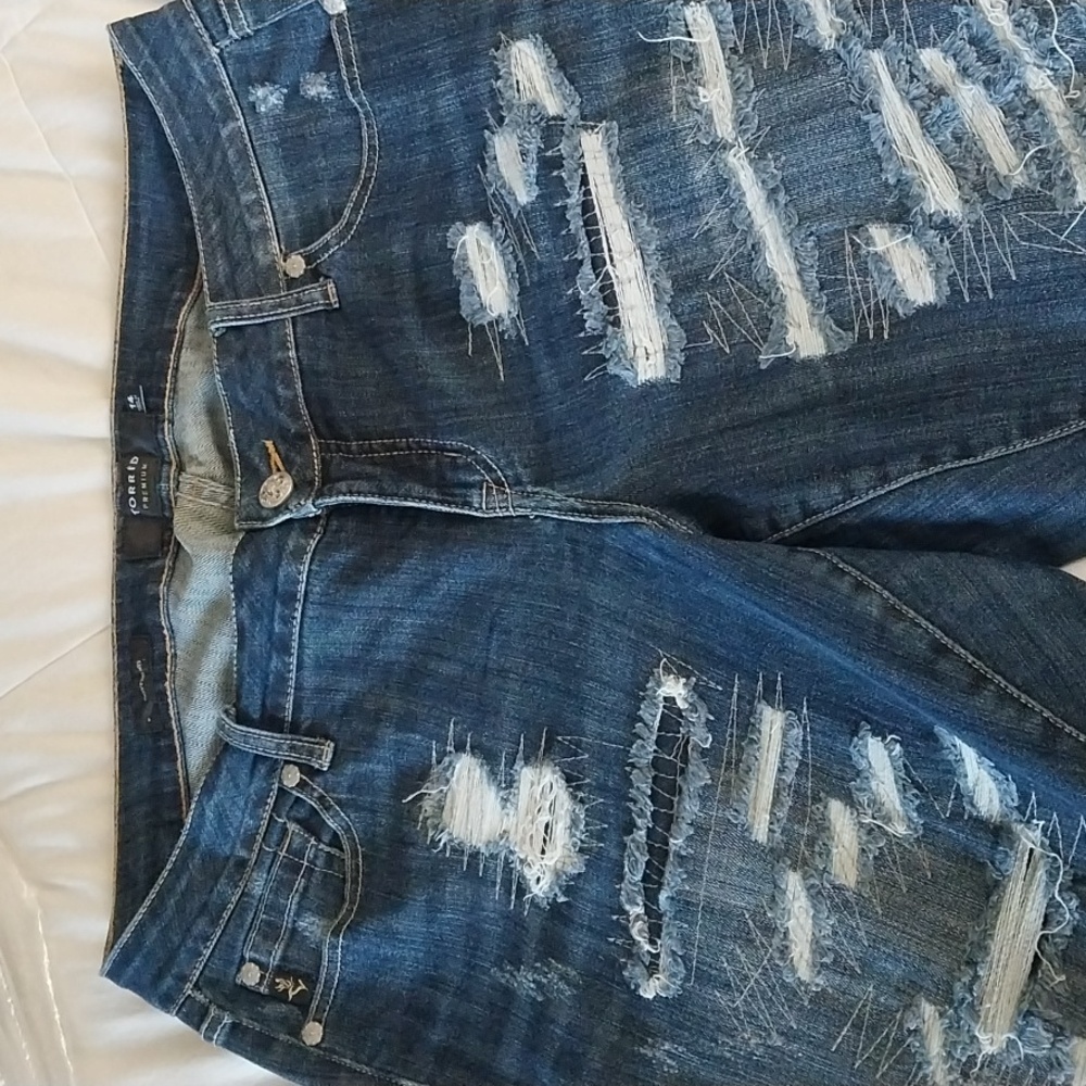 Torrid Premium Jeans Boyfriend Medium/Dark Was Distressed Patches Womens 14